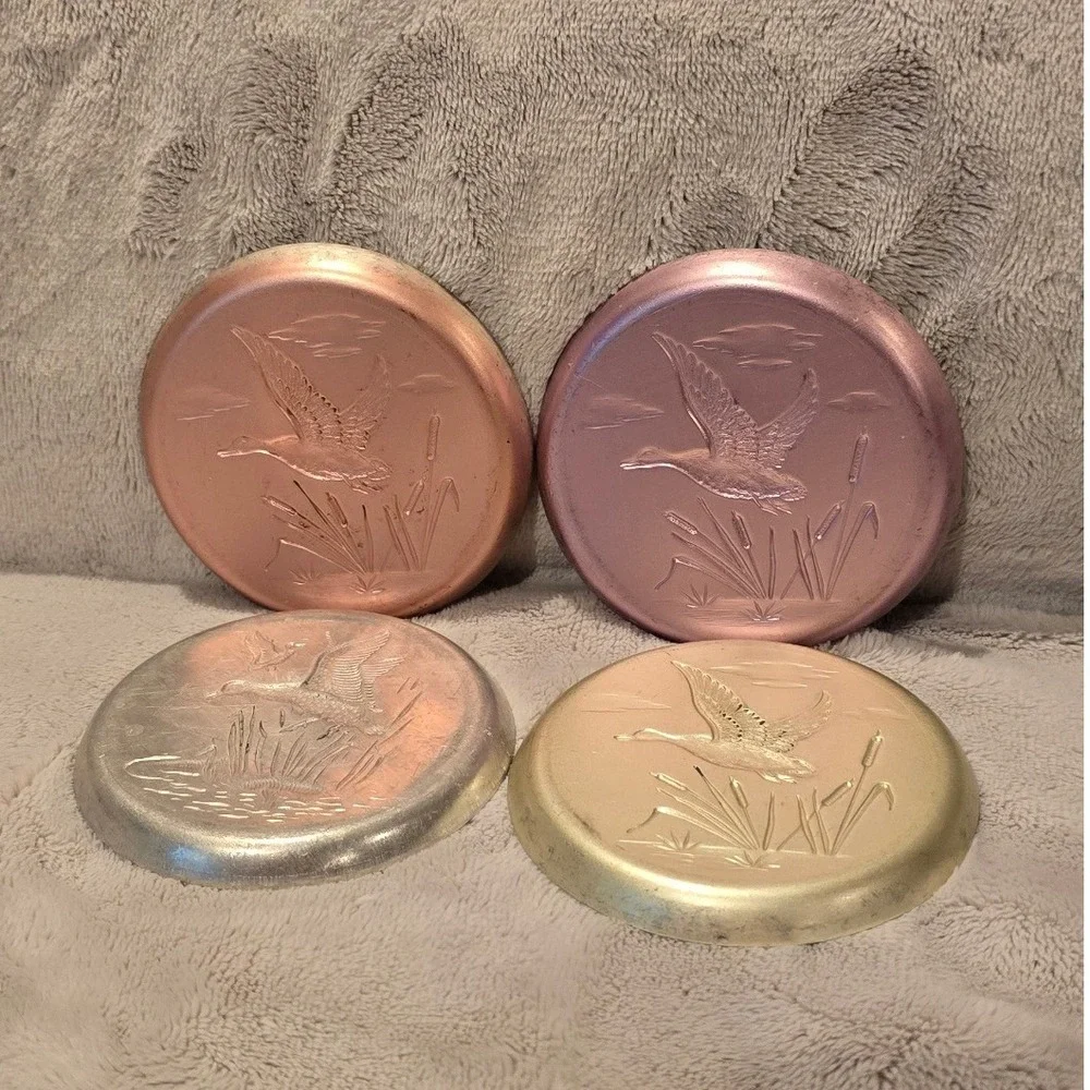 Vintage Aluminum Flying Duck Coasters Set of 4 Multi Color Embossed Metal Lodge